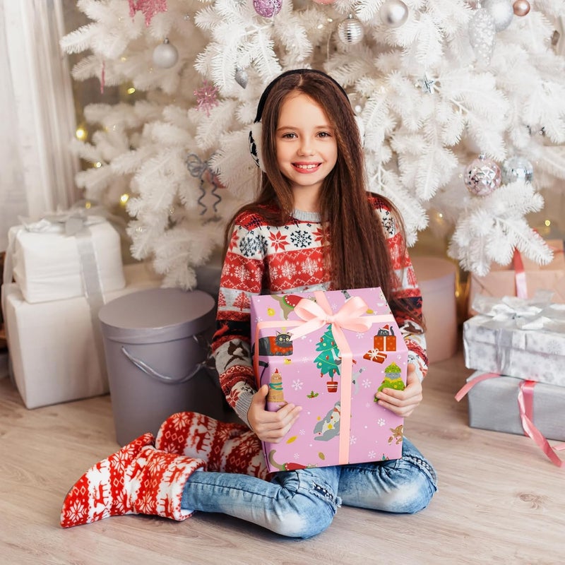 ZINTBIAL Cat Christmas Wrapping Paper - Pink Xmas Gift Wrap with Festive Cats, Holiday Trees and Snowflakes Design - Perfect for Cat Lovers, Kids & Adults Gift Wrapping - 40×28 Inches, 4 Folded Sheets - Image 3